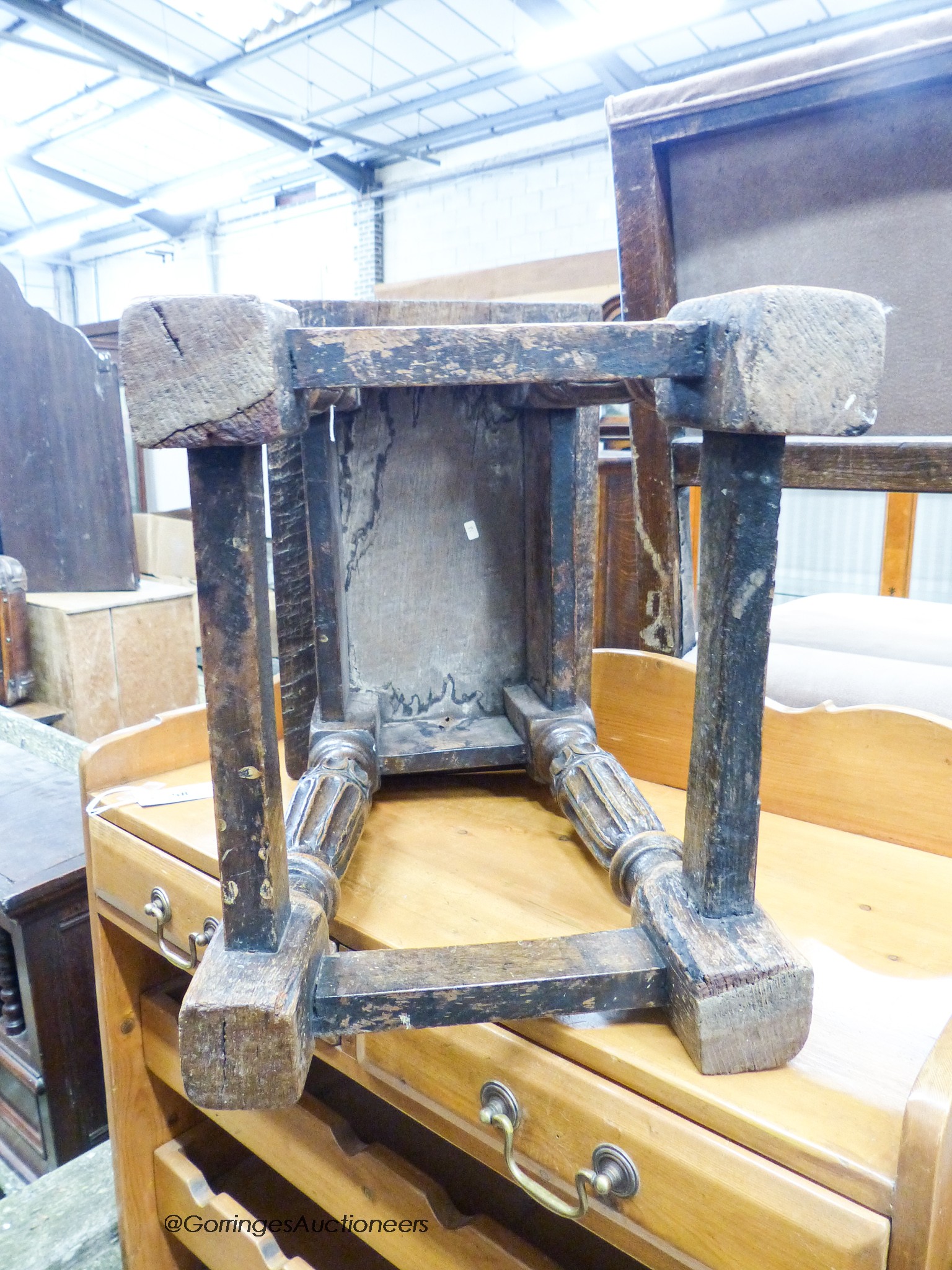 An Elizabethan style rectangular oak joint stool, width 43cm, depth 28cm, height 47cm